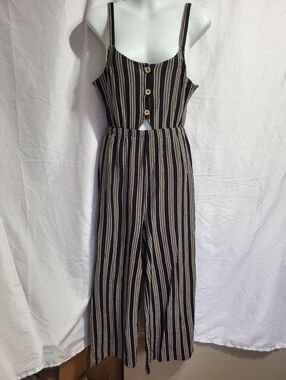 Ardene Sleeveless Black & Cream Striped Wide-Leg Jumpsuit, Size Small